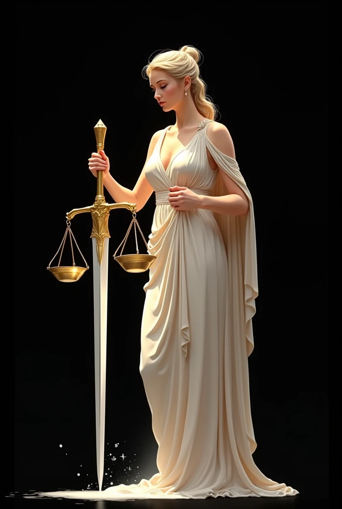 goddess themis washing scales and sword on black background drawn in white and gold vector style. image in horizontal orientation