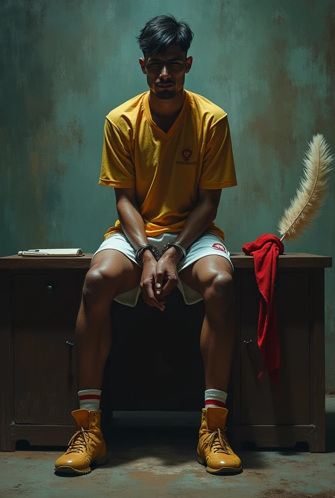 Malaysia handsome malay 20 years footballer
He faint
Smelly feet
His hand handcuff in  abondon warehouse 
Blindfolded
handcuff
Football player Outfit 
Focus sweaty hot feet on desk
feather duster on desk
Dirty red long sock on desk
2 mafia pinch nose
Feet rub
