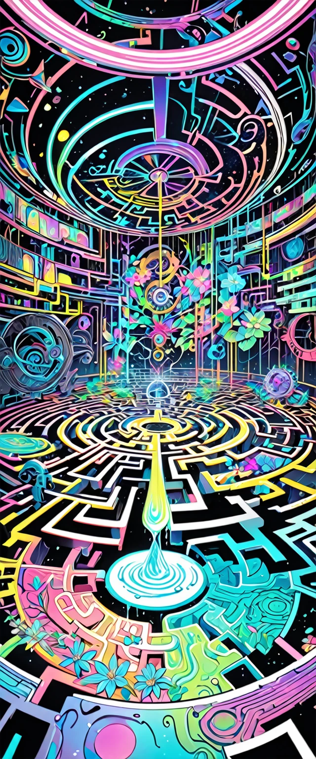 clockwork, mysterious clockwork space, maze, labyrinth shaped, labyrinth space divided by neon line lights, dripping fluorescent paint, iridescent flowers blooming from the point of impact, black and white and pastel colors, transparent, mysterious and funny high and fine artwork