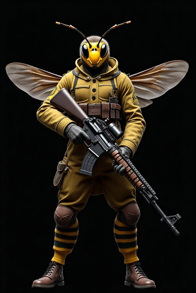 Realistic image of humanoid bee dressed in military uniform and the wings of the bee are visible outside the uniform. The bee is holding an m-51 and the full body of the bee is visible in the middle of the image, black background