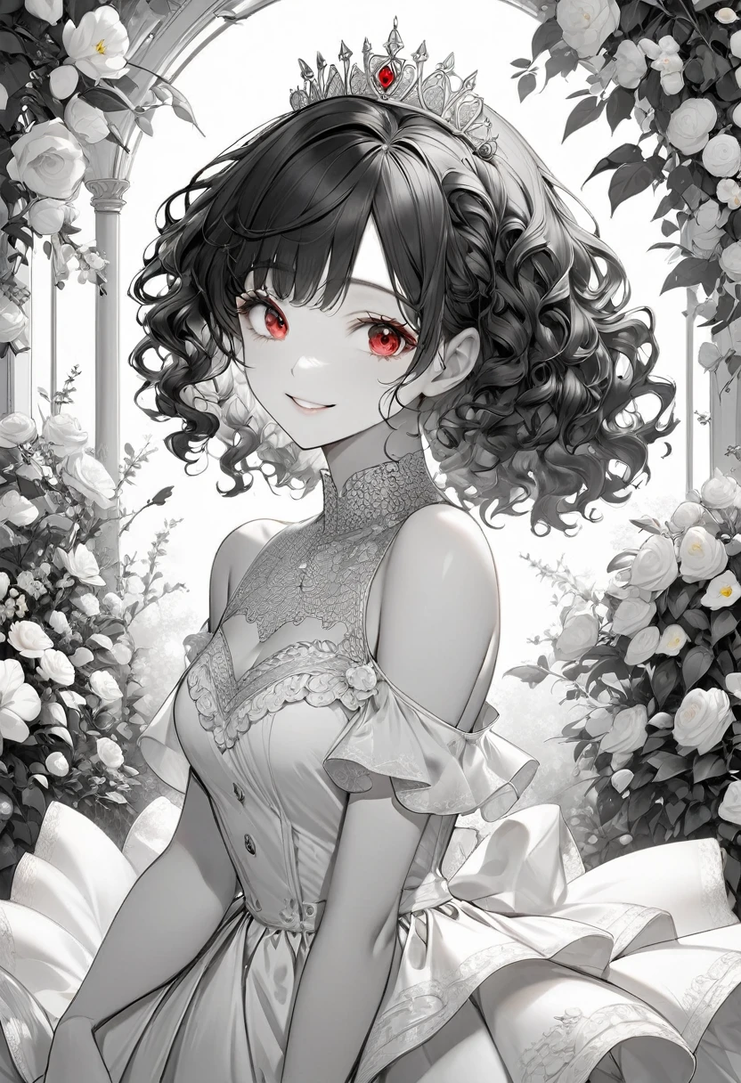 ((monochrome style)), (15 yo) (beautiful curly:1.3) (beautiful detailed black hair long hair), (immensely beautiful lovely girl) (best lovely red eyes) (happy smile) (medium tits), in a detailed beautiful white best quality princess dress, break, in the white and black garden, background beautiful white sky, BREAK, 16k, masterpiece, best quality, immensely detailed monochrome,.