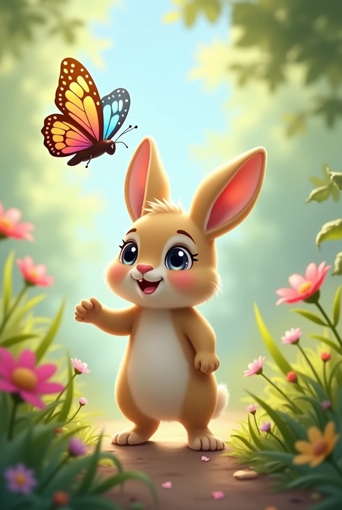 Coby Rabbit and Luna the Butterfly: Represents Coby, a little rabbit with soft fur and bright eyes, meeting Luna, A butterfly with iridescent wings that shimmer in shades of blue and purple. They are both looking at each other with curiosity and fascination..