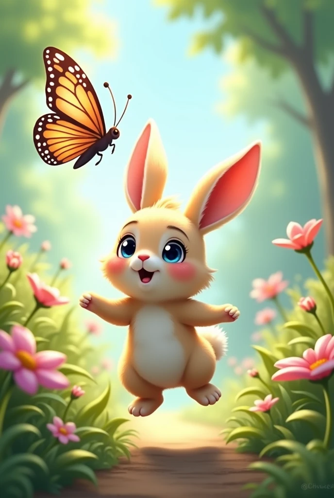 Coby Rabbit and Luna the Butterfly: Represents Coby, a little rabbit with soft fur and bright eyes, meeting Luna, A butterfly with iridescent wings that shimmer in shades of blue and purple. They are both looking at each other with curiosity and fascination..