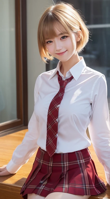 On the table,best quality,Extremely detailed,Fine details,high resolution,8k,((Photorealistic:1.4,Original Photography,超high resolution,Top image quality:1.4)),On the table、best quality、 Ultra Detailed、high resolution、8k 壁纸、Perfect dynamic composition,、Beautiful and delicate eyes、(Beautiful breasts:1.1) 、Blue Blazer、school uniform、White shirt、Red tie、Brown plaid skirt、1 Girl、A beautiful girl、Slim body、High school student、blond、(一个blond女郎)short hair、Cover your left eye with your hair、Red Eyes、Smile、一个Smile