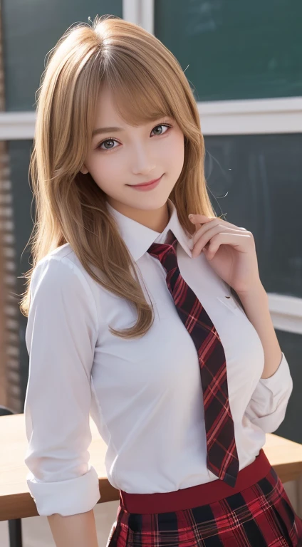 On the table,best quality,Extremely detailed,Fine details,high resolution,8k,((Photorealistic:1.4,Original Photography,超high resolution,Top image quality:1.4)),On the table、best quality、 Ultra Detailed、high resolution、8k 壁纸、Perfect dynamic composition,、Beautiful and delicate eyes、(Beautiful breasts:1.1) 、Blue Blazer、school uniform、White shirt、Red tie、Brown plaid skirt、1 Girl、A beautiful girl、Slim body、High school student、blond、(一个blond女郎)short hair、Cover your left eye with your hair、Red Eyes、Smile、一个Smile