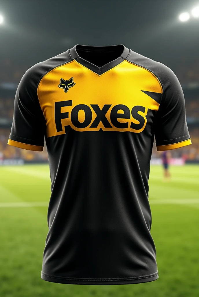 Black and yellow soccer sports shirt with the word &quot;Soccer&quot; on the chest "foxes " instead of soccer