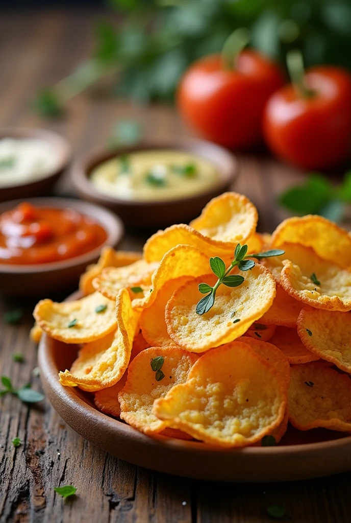 Delicious Potato chips with dips and sauce