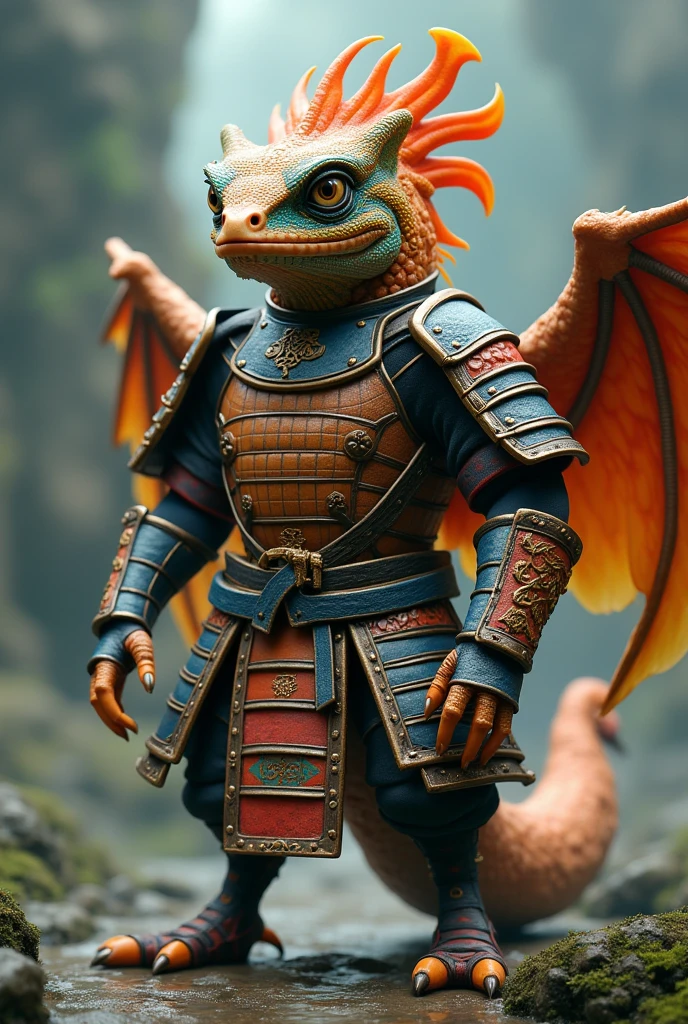 Generate an imaginary friend with a chameleon head and a dragon body, duck legs and rooster wings, dressed in samurai armor