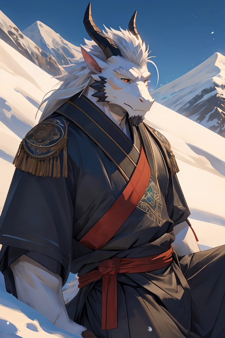 best quality，Ultra HD，Second Dimension，Alone，视角Close to the characters［Close to the characters：1.3］，Upper Body，The most exquisite eyes［The most exquisite eyes：2.1］，Snow mountain in the background，Lying on the snow［Lying on the snow：2.1］，There are no buildings，male，White Dragon，Tall body，old，White Hair，The tail is white.，There are some black scales on the body，There are two brown horns on the head，Black eyes，White heavy ancient style Hanfu，Black military gloves and black military pants［Black military gloves and black military pants：2.2］