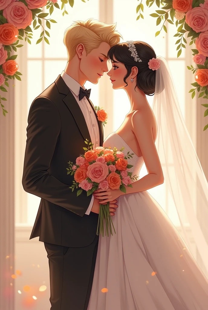 couple of boyfriends staring at each other full body , The bride in a short wedding dress with her black hair up and a bouquet in her hand and the groom tall and blond. 