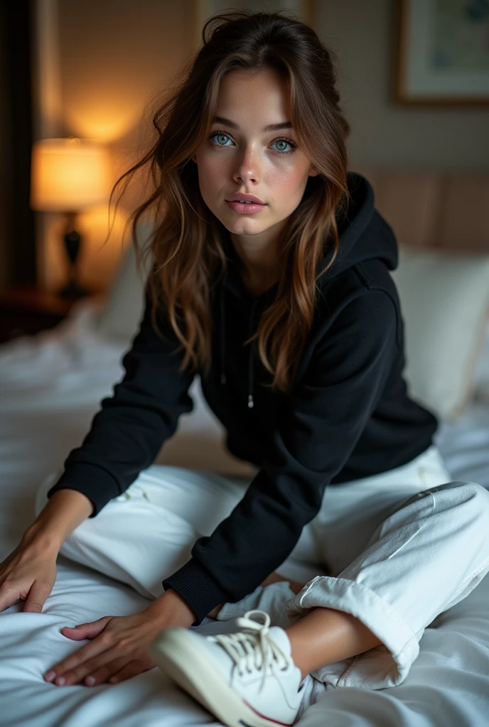 I want a young woman of 20 years old, dark blue eyes, round and beautiful 1.2 breasts, who has a very beautiful defined face, who has Turkish features, brown hair, 1.74, long legs, a thin and athletic and slender build, who is sitting in a provocative pose, wearing a black wool cap, black XL sweater, white underwear pants, sitting on her bed.,(4k), (full resolucion)