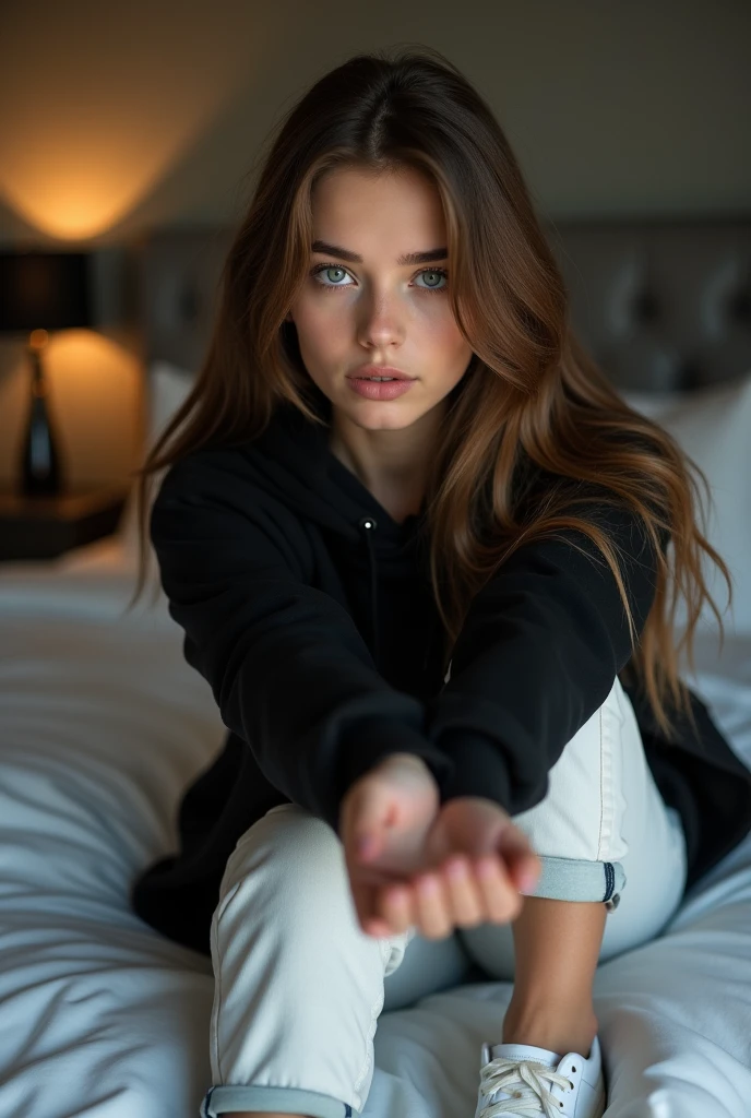 beautiful European girl with blue eyes and brown hair, she is on her bed with her arms stretched out on the bed in a vulnerable position, she is wearing a black hoodie, she is wearing white sneakers and white jeans, ultra High resolution, (fotorrealista: 1. 4), High resolution, (finely detailed skin), (blue eyes), (perfect proportions) (realistic photos) (masterpiece) (fotorrealista), ultra-realistic (Best quality) (detailed) photographed with a Canon EOS R5, 50mm lens, f/2.8, (8k) (Wallpaper) (cinematic lighting) (dramatic lighting) (complex) mode. She's in a luxurious, modern room.
