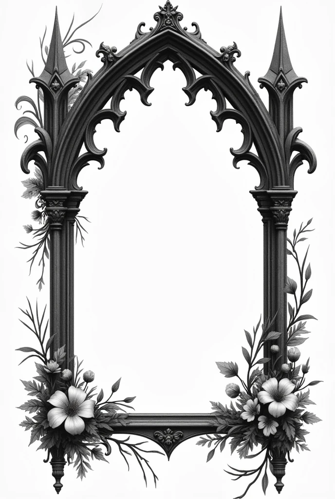 Gothic frame in black and white, with flower arabesques .