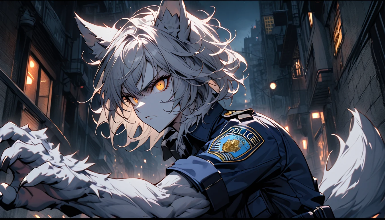 solo, female, wolf girl, close up, grey fur on forearms, furry claws, muscular, wolf ears, short hair, messy hair, grey hair, golden eyes, wolf tail, police uniform, police, large breasts, white fur collar, attack stance, serious, city, night, alleyway, fantasy