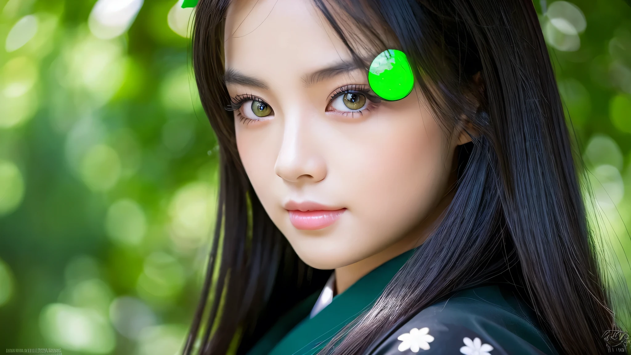 asian girl in black kimono with green eyes, ultra realistic
