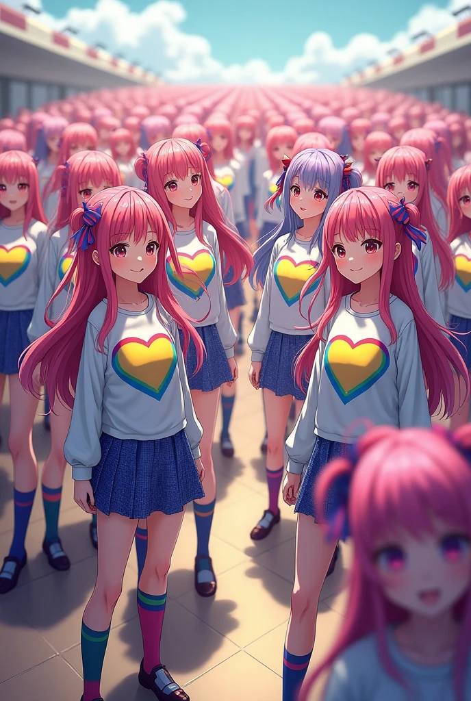 In a room, 8,000 anime girls with 3-meter long hair wearing rainbow-colored very, very, very short 5-centimeter patterned skirts, colorful socks, long-sleeved hirajuku with a large rainbow heart on them, and 8,000 people are so close that they fill the generated image., Take a group photo with your shoulders pressed close together, smile slightly, and stand neatly facing forward with your body and face facing forward so that your eyes are visible, take off your shoes, and stand in a neat line.
