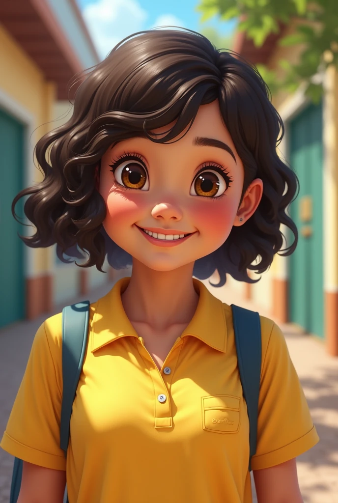  girl, short hair below the cheeks, with curls, brown eye color coffee, long eyelashes, Venezuelan, clear skin, middle nose, at his school, yellow shirt uniform, He is smiling inside his school. Beautiful and chubby 