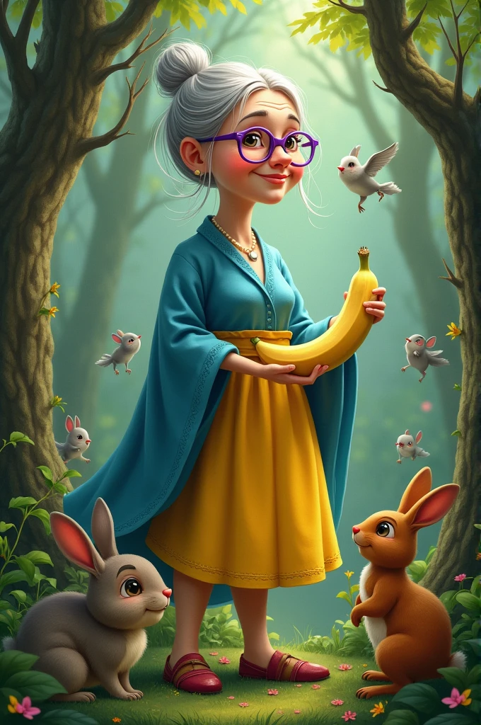 An elderly woman with gray hair in a bun, a blue dress, a yellow skirt, holding a banana in her hand, round purple glasses ,forest background with animals around