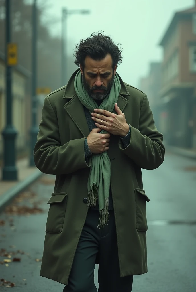 A remorseful man walking alone down a deserted street, holding a woman's scarf in his hands up by his heart. The scarf should be distinctly feminine, in green or yellow, and he is grasping it rather than wearing it. The man is dressed in an overcoat, and the scene conveys a sense of melancholy, reflecting a moment of deep personal loss. The image should be realistic, capturing the emotional weight of the moment.