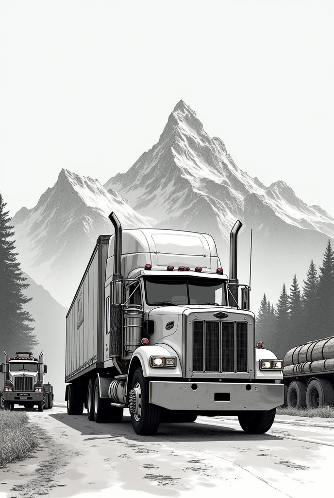 A tractor-trailer truck That can be seen drawn That has a mountain drawn in the background That can be seen drawn The mountain that looks a little lower Two tow trucks on each side One on the left and one on the right of the tow trucks Put a text that says "transportes SALKANTAY SAC"In the same image