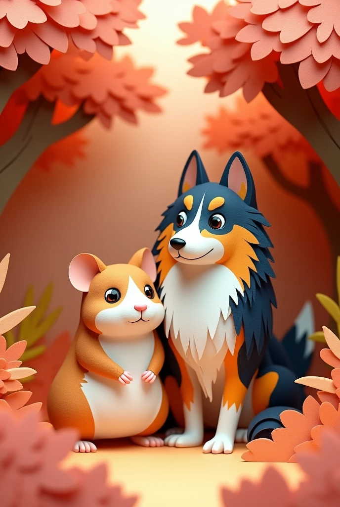 A hamster next to a tricolor collie, masterpiece, all in three dimensional paper art、(Almond Shapes);1.9、(Three-dimensional paper-cut art.、fullcolor):1.9