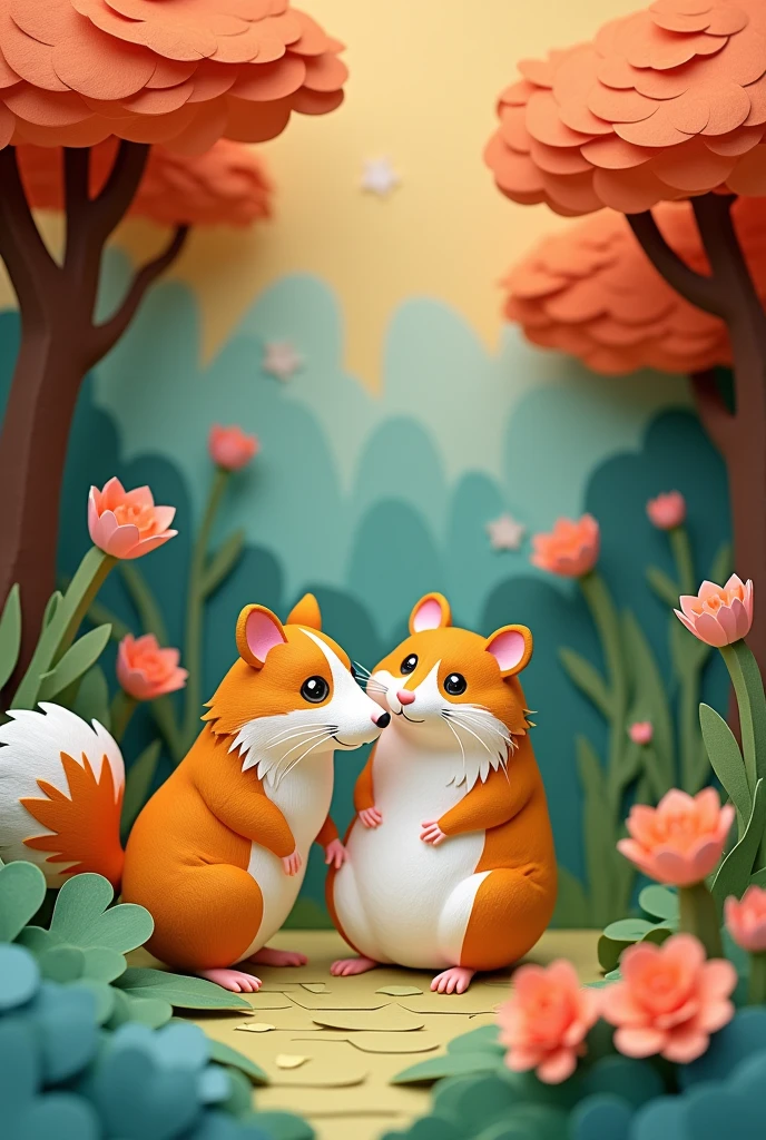 A hamster next to a tricolor collie, masterpiece, all in three dimensional paper art、(Almond Shapes);1.9、(Three-dimensional paper-cut art.、fullcolor):1.9