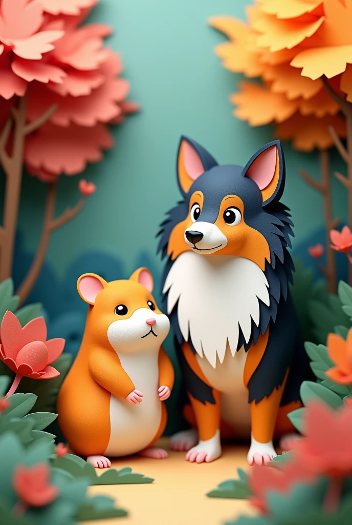 A hamster next to a tricolor collie, masterpiece, all in three dimensional paper art、(Almond Shapes);1.9、(Three-dimensional paper-cut art.、fullcolor):1.9