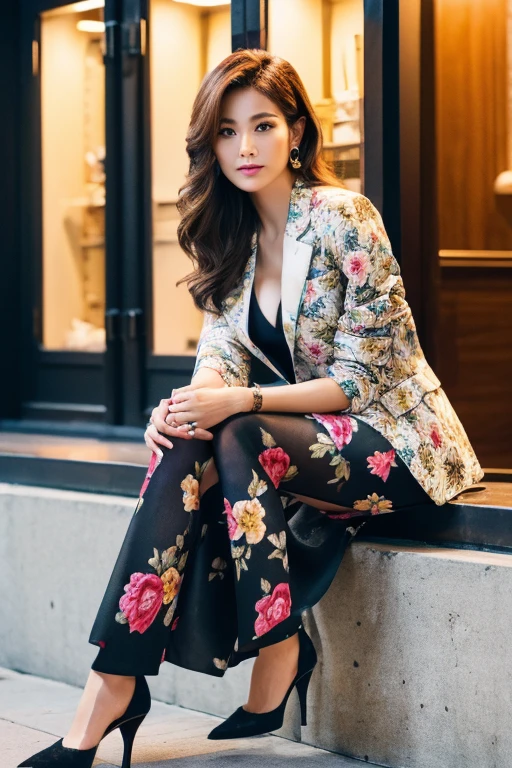 (Floral print blazer)、Business Blouse、(Floral print midi skirt:1.3)、((Full Body Portrait))、(silk pantyhose)、Sitting、(Both legs and high heels look beautiful.)、1 girl、(Perfect Anatomy, Perfect body, Perfect hands, Perfect Face, Perfect Eyes, Accurate, Anatomically correct), Perfectly clear and sharp focus、Large Breasts、Modern architecture at night on the background、Professional Lighting、((Highest quality、Ultra-high resolution、masterpiece))