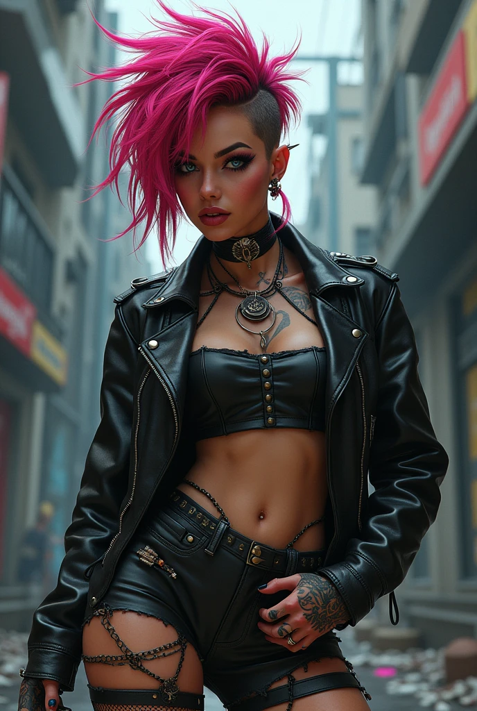 A punkgirl  by best tradition artgerm, their vibrant spiky hair and bold piercings conveying a sense of defiance and attitude. Perfect composition art by Yoji Shinkawa. The torn fishnet stockings and leather jacket further emphasize their rebellious nature future streetwear design. This image, whether a painting or photograph, captures the minimalistic essence of rebellion in exquisite detail. hands and neck with Multiple tattoos painting by Katsushika Hokusai's. The colors are vivid, the textures sharp, and the expression fierce. The lighting creates a chiaroscuro effect, accentuating her expressive pose and the intense atmosphere.  cinematic, trending on artstation, perfect eyes.  awesome full color, hand drawn,  stylized digital art, smooth, ultra high definition, 8k, unreal engine 5, 