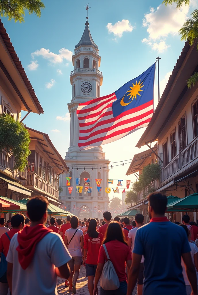 independence day malaysia, Malaysian flag , silver trench town clock tower, people wear clothes independence day logo malaysia