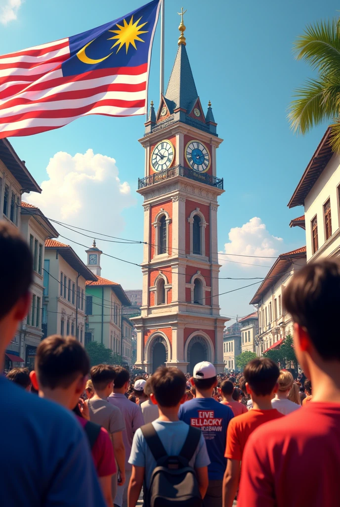 independence day malaysia, Malaysian flag , silver trench town clock tower, people wear clothes independence day logo malaysia