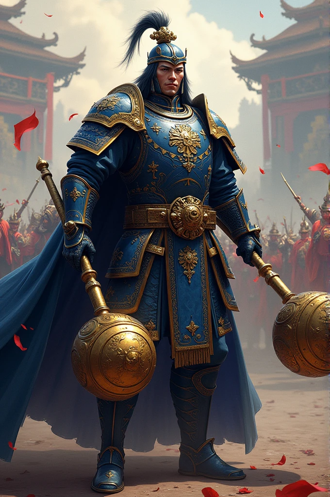 Drawing of a general from the Ming Dynasty of China, the general wears a dark blue armor, his face is majestic and his head is covered with a helmet, in both hands this general holds two large, ball-shaped clubs. Equal to the size of the general's head, the mace has the same golden color as Ly Nguyen Ba's pair of maces during the Tang Dynasty. The photo has a realistic scene, bright colors, behind the general is a war chariot