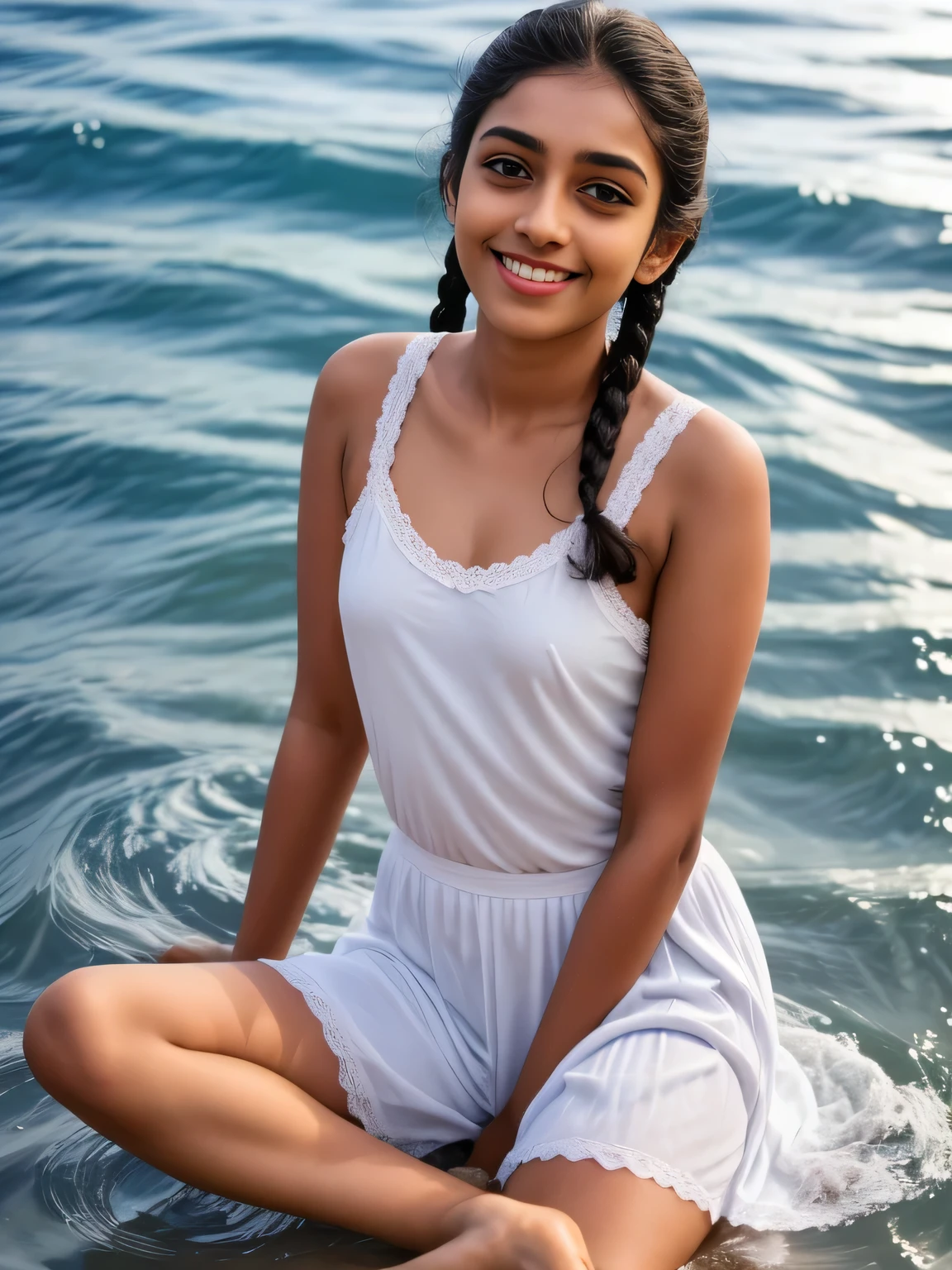 Sri lanka   girl, wearing white clothes and white short , in the water,  (slim, small, flat, small), photorealistic, detail, skin texture, super detail, delicate and sexy collarbone, smile