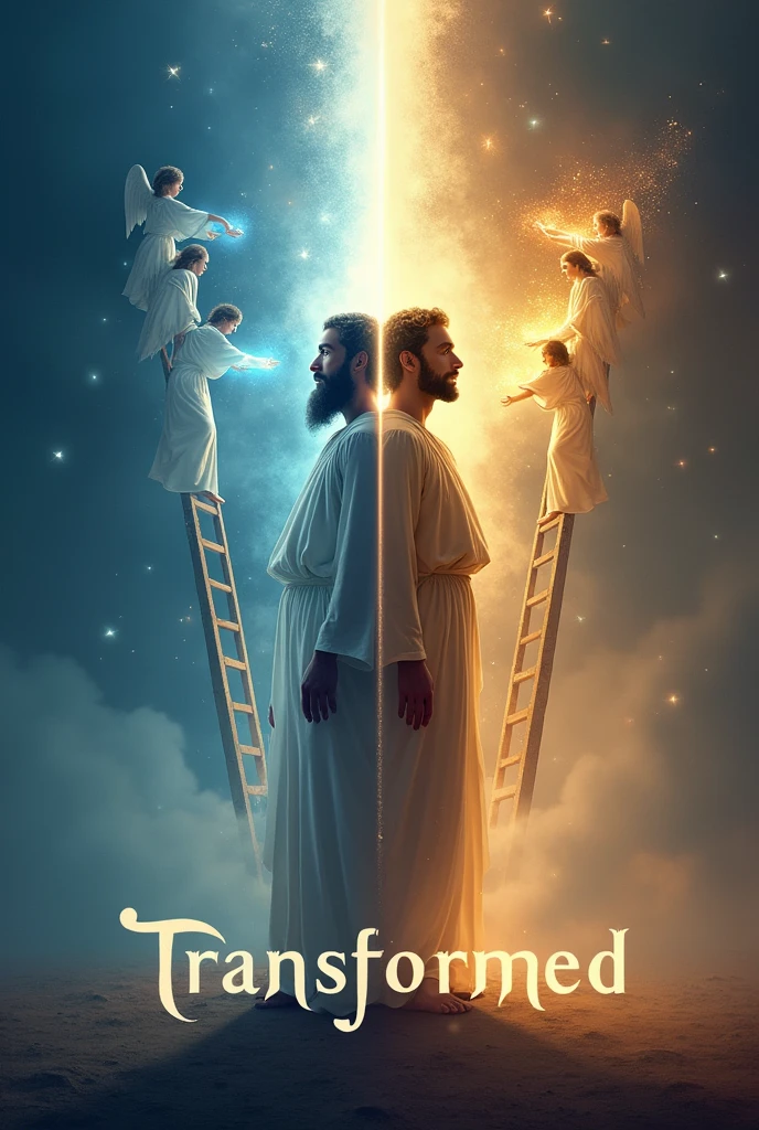 Create an image with a background that blends vibrant and soft colors, shades of blue and gold representing transformation and spirituality.
At the center, a representation of Jacob, perhaps divided into two parts: On one side, the figure of Jacob before the transformation, and the other, a more enlightened and serene figure, symbolizing your new identity. Ao fundo, there may be a ladder with angels going up and down, referring to Jacob's dream.
The title "Transformed" should be highlighted, with a modern and striking font. You can add symbols like stars, soft lights around the figure of Jacob, and perhaps some lines of light representing the presence of God in the life of the biblical character.