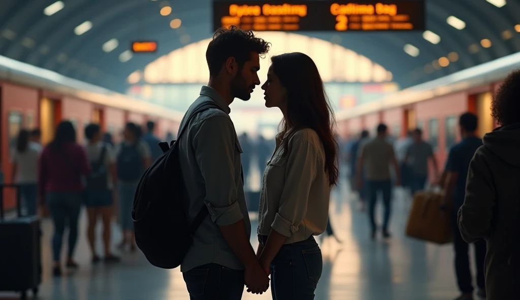 a young Latino couple saying goodbye at a crowded train station