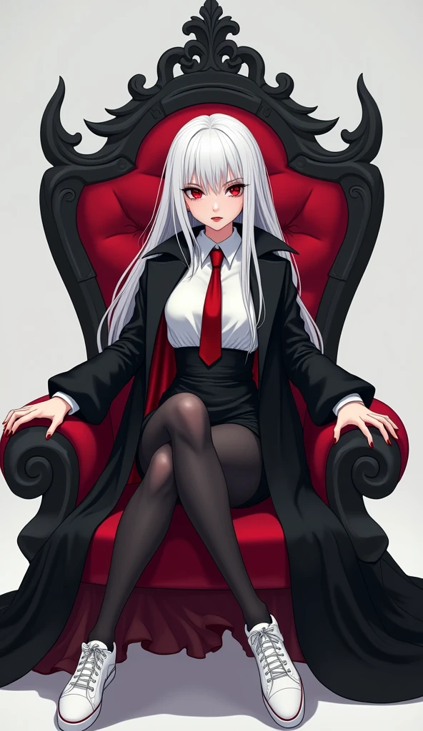 The young woman red eyes white hair wear a vampire black coat inside vampire black coat has a carmine color, white shirt, red necktie, black pencil skirt, black underpants, long black tights, black socks, white sneakers, sitting on the vampire throne, light grey background, cartoon novel, 4K, HD