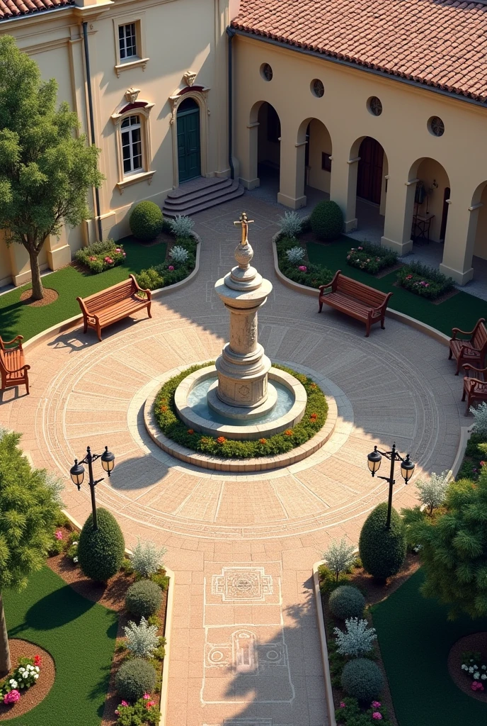 Central Area:
Fountain or Religious Sculpture: In the center of the square, Place a classical-style fountain or a meaningful religious sculpture, like a statue of the Virgin Mary or a cross. The fountain can have stone or marble details and be surrounded by a small flower garden..
Paving:
Cobblestone Pavement: Use natural stone pavers in warm colors like terracotta or soft gray for a traditional, welcoming look.. Paths could be designed in spirals or in elegant geometric shapes that direct visitors towards the center..
Benches and Seats:
Wooden or Wrought Iron Benches: Distribute white painted wooden benches or wrought iron benches on the edges of the square.. These pews should be comfortable and designed to harmonize with the aesthetics of the church..
vegetation:
Gardens and Plants: Includes manicured lawn areas and garden borders with perennial flowers and ornamental shrubs. Plants like rose bushes, Lavender or daisies can bring color and freshness. Also consider small shade trees, like olive trees or cypresses.
lightning:
Classic Lanterns: Install classic-style lanterns or wrought iron wall lamps around the plaza to illuminate the area at night.. These may have an ornamental design that complements the historic character of the church..
Accessibility:
Ramps and Accessible Paths: Make sure the square is accessible for people with reduced mobility, with gentle ramps and wide paths.
Zones of Reflection:
Meditation Corner: Create a small meditation corner with benches or seats surrounded by plants and flowers, offering a quiet place for reflection and prayer.
Additional decoration:
Mosaics or Murals: Consider adding mosaics to the floor or a mural on a nearby wall with religious scenes or Catholic symbols..
Event Space:
Open Area: Leave an open space in the square for community events
