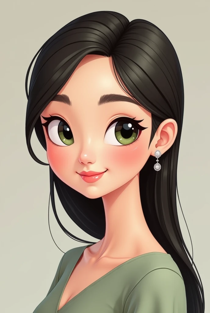Create an image of a woman avatar with a round face, straight hair, dark mono-colored hair and white skin, green eyes, animation for a corporate image