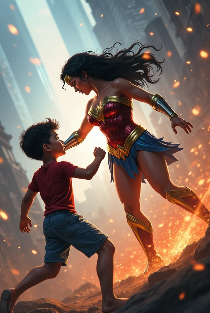 Boy Vs. Wonder woman (Big tits), Fight, power, fiction, full body, 2 person