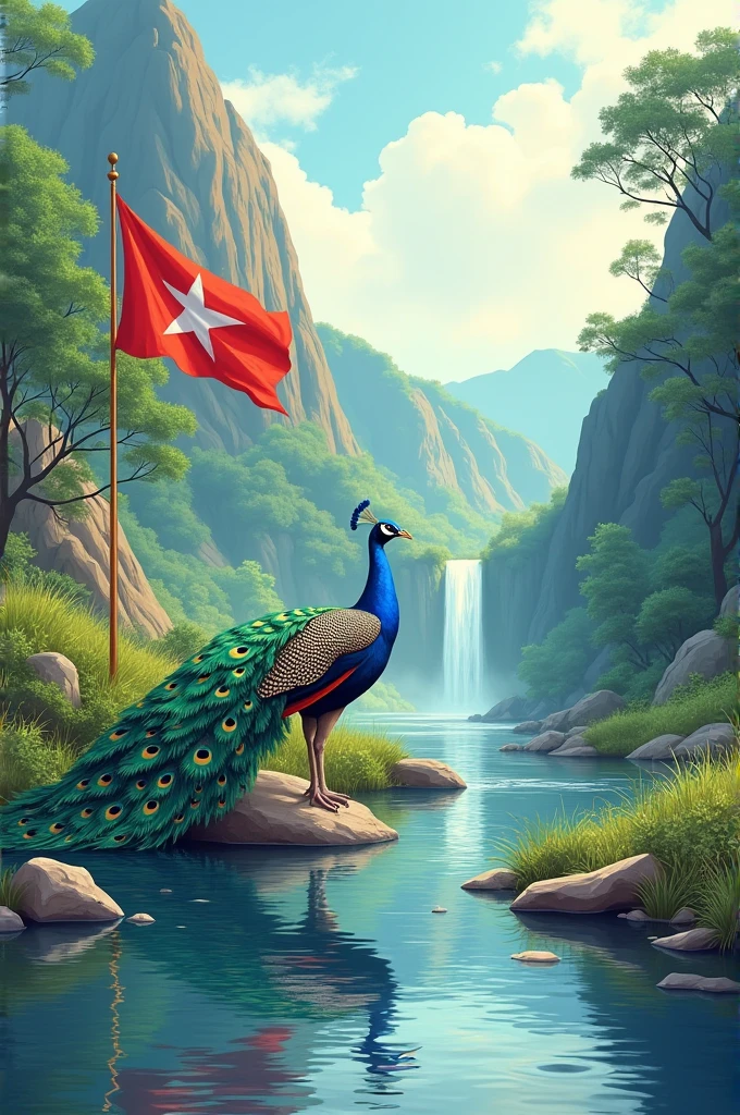 A peacock that in a Myanmar Student Union of the flag drinking water on the stone beside of the stream. The morning sun is shining. The water falls is staying on the mountain. A drawing vector landscape image