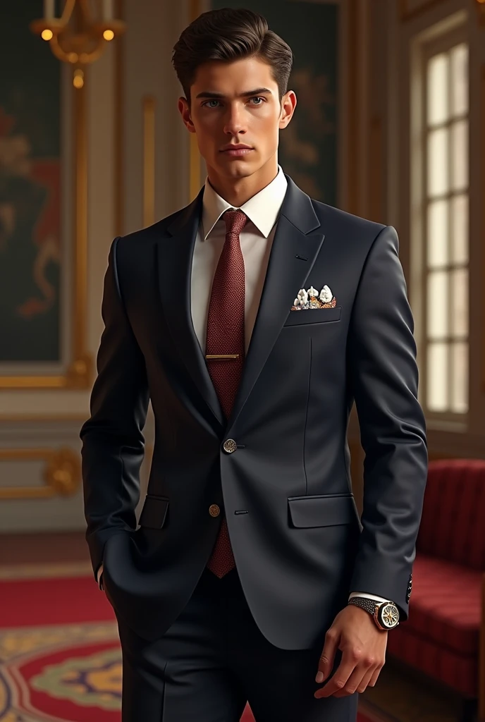 Create a young 1 man and he is billionaire and the king in the world. The boy clothes about 500 billion dollars sut .
In realistic . Man hand about 200 million dollars watch