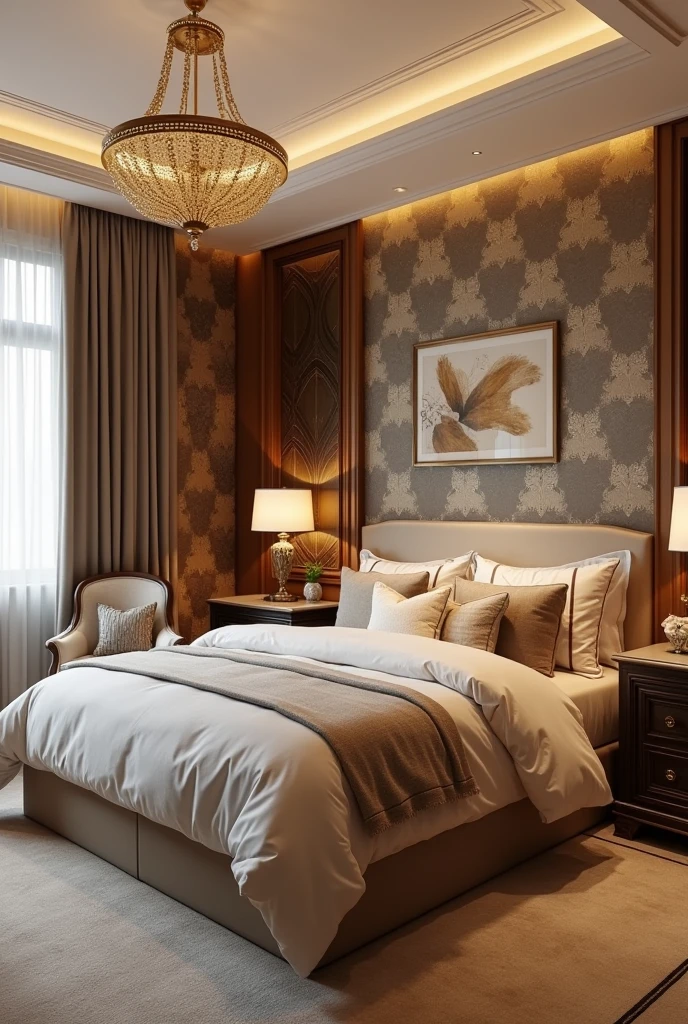 Light beige bedroom with dark brown and gold wallpaper