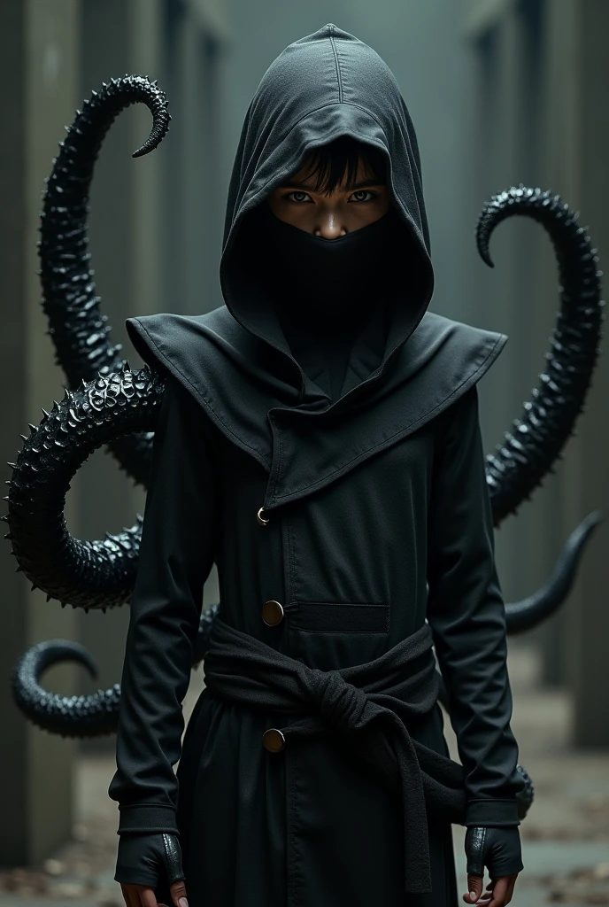 Boy in black clothes, high collar, Ninja Mask, and black tentacles coming out of his back, and he doesn't wear a hood