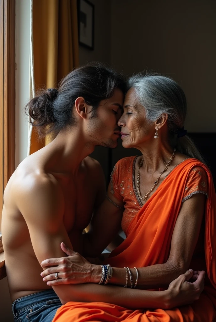 A heartwarming scene of showering an elderly woman with long, flowing getting totaly 3c curly gray hair shinning like mirrors due curly wetness with unhooked saree jacket with exposed out her eldery saggying breast,adorned with gold earrings and bangles, wildy kissing her 22 years old grand-daughter' thigh in nude, who has dark fully scalp cornrow braided rapunzel hair and is in nude getting bath,her part of long cornrow braides flows her face with wildness eyes where the sexuality iminate,And she is standing and put one leg on the chair and shows her pussy,vagina to her gradma with open mourh tited back head,The background features soft, warm lighting from a window, with hints of a cozy bathroom setting filled with plants and luxuries toilet asseseries, capturing a moment of love and connection.vibrant colors, soft focus, and sexual emotional depth,Generste with detsiled nudidy,Generate woth high indian ethnicity,Generate with wildness sexuality,Generste with elderity nudity and much younger nudity as detailed Generate grandma' unhooked saree jacket exposing her aged eldey breasts,
