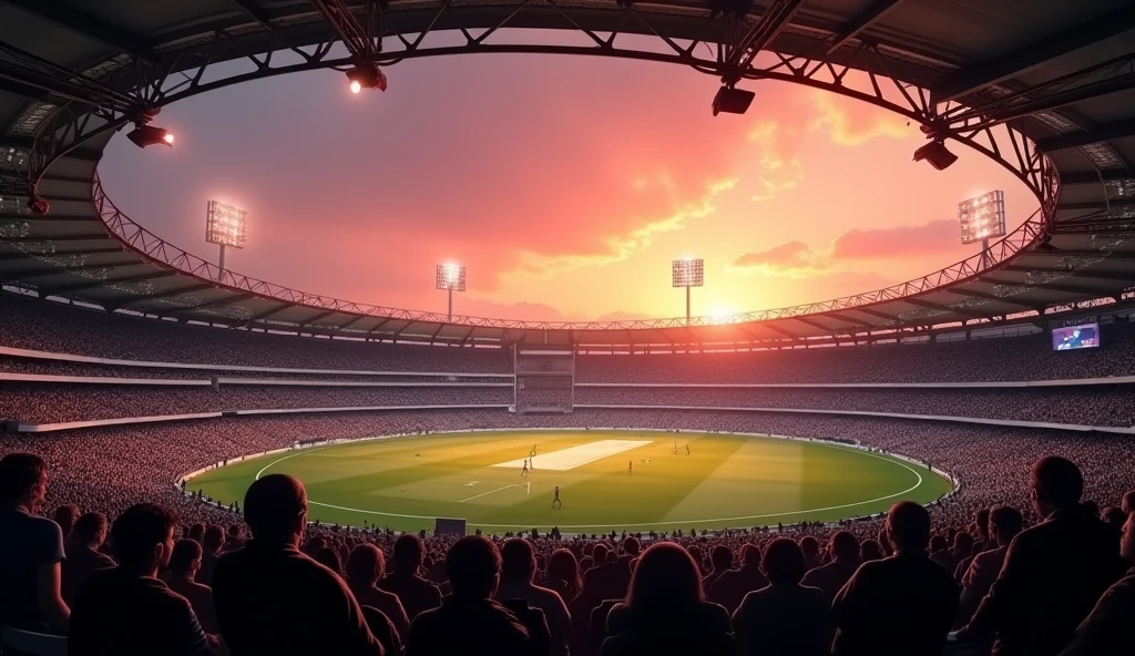 Cricket stadium  in evening time Reddish sunset audience  realistic 