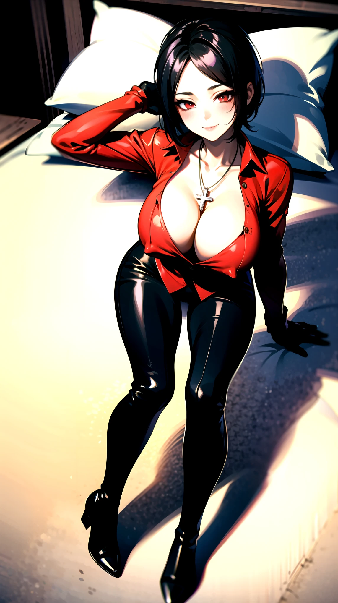 ((super high quality,))((Ultra-high resolution,))(16K,)(super masterpiece,)((Ultra HD ,))(Detailed shading,)Full body photo,One sexy mature woman,((Red collared shirt,popped Tight collar,))Folded sleeves,Black long gloves,(Glossy black pants, Black long boots,)Black hair straight short,Sharp Eyes,blush,Sexy smile,Cleavage,Cross Necklace,Lying in bed,Put your hands on your head,Turn your hips to the side,
