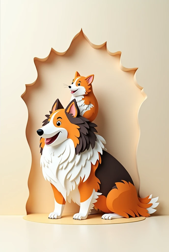 a hamster sitting on a tricolor collie, masterpiece, all in three dimensional paper art、(Almond Shapes);1.9、(Three-dimensional paper-cut art.、fullcolor):1.9