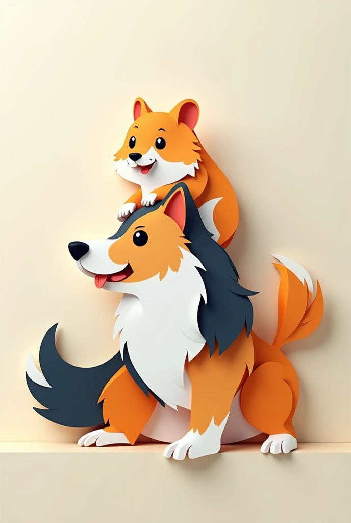 a hamster sitting on a tricolor collie, masterpiece, all in three dimensional paper art、(Almond Shapes);1.9、(Three-dimensional paper-cut art.、fullcolor):1.9