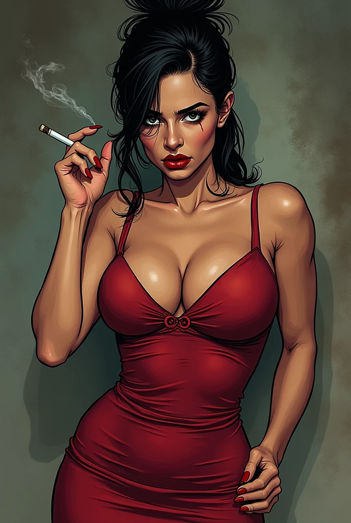 Image in comic book form, drawning, of a woman in a dark red dress that fits tightly on her not-so-thin body, black hair tied up with just a lock of hair on the face, your age range is 45 years, your long red nails, with cigarette between fingers, your sad face and sad eyes