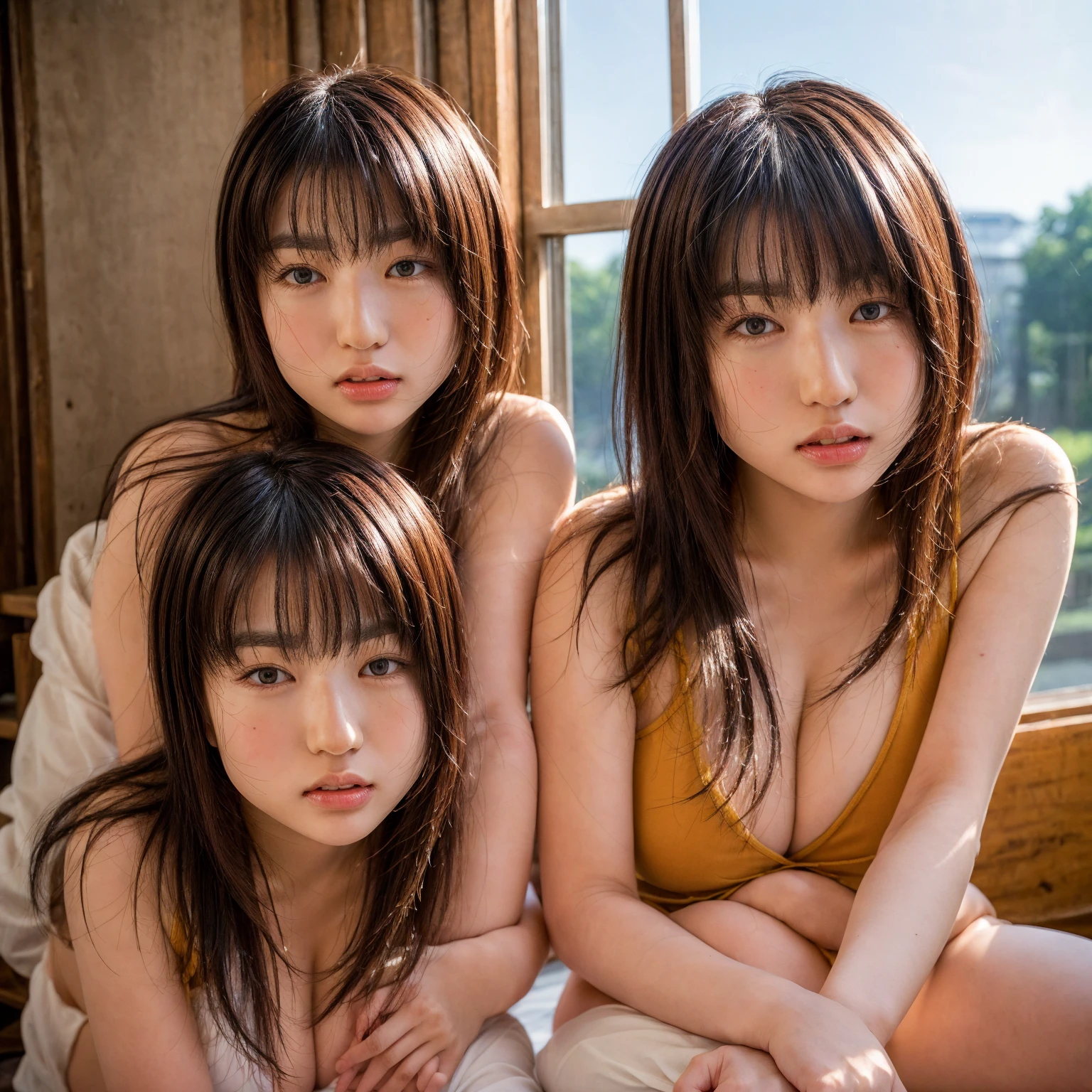 Identical twin sisters kissing、Narcissism、2、Raw photo、NSFW、pantyhose、(bangs:1.2)、(Bundle of brown hair:1.2)、(Dark brown eyes:1.2)、Faint lips、Cowboy Shot、Front view、 (freckles、Mole:0.2)、Skin blemishes、Acne、Skin blemishes、There is a stain、Lanugo、Acne、Blood Spot、impurities、 Ryokan room、Rural landscape、window、Her calm expression and gentle breathing create a calming atmosphere.、、 Super high quality photos、Raw photo、Beautiful detailed face and eyes、(Photorealistic:1.4)、Highest quality、High resolution、Realistic、16K、Caustics、Core Shadow、Dynamic Light、Beautiful and delicate lips、Delicate fingers、Detailed pupil、Real human skin、(Very detailed)、
